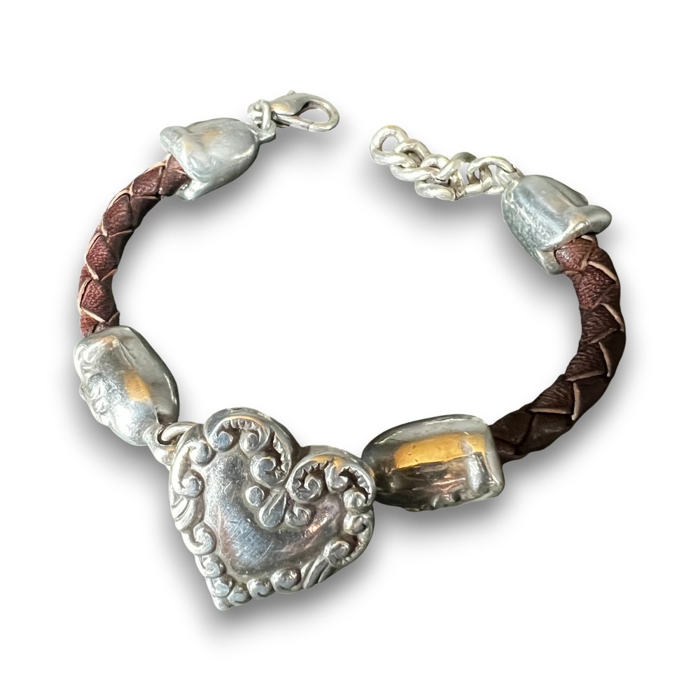 Vintage Brighton Braided Brown Leather Silver Heart Charm‎ Bracelet